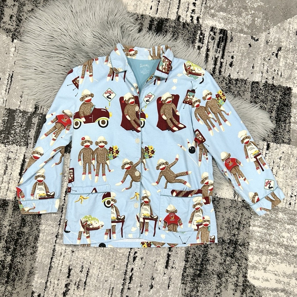 Nick And Nora Sock Monkey Adult Pajama Top 100% Cotton Size Large